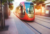 快速、现代的有轨电车在行驶中，用动态模糊描绘，是城市公共交通的代表。